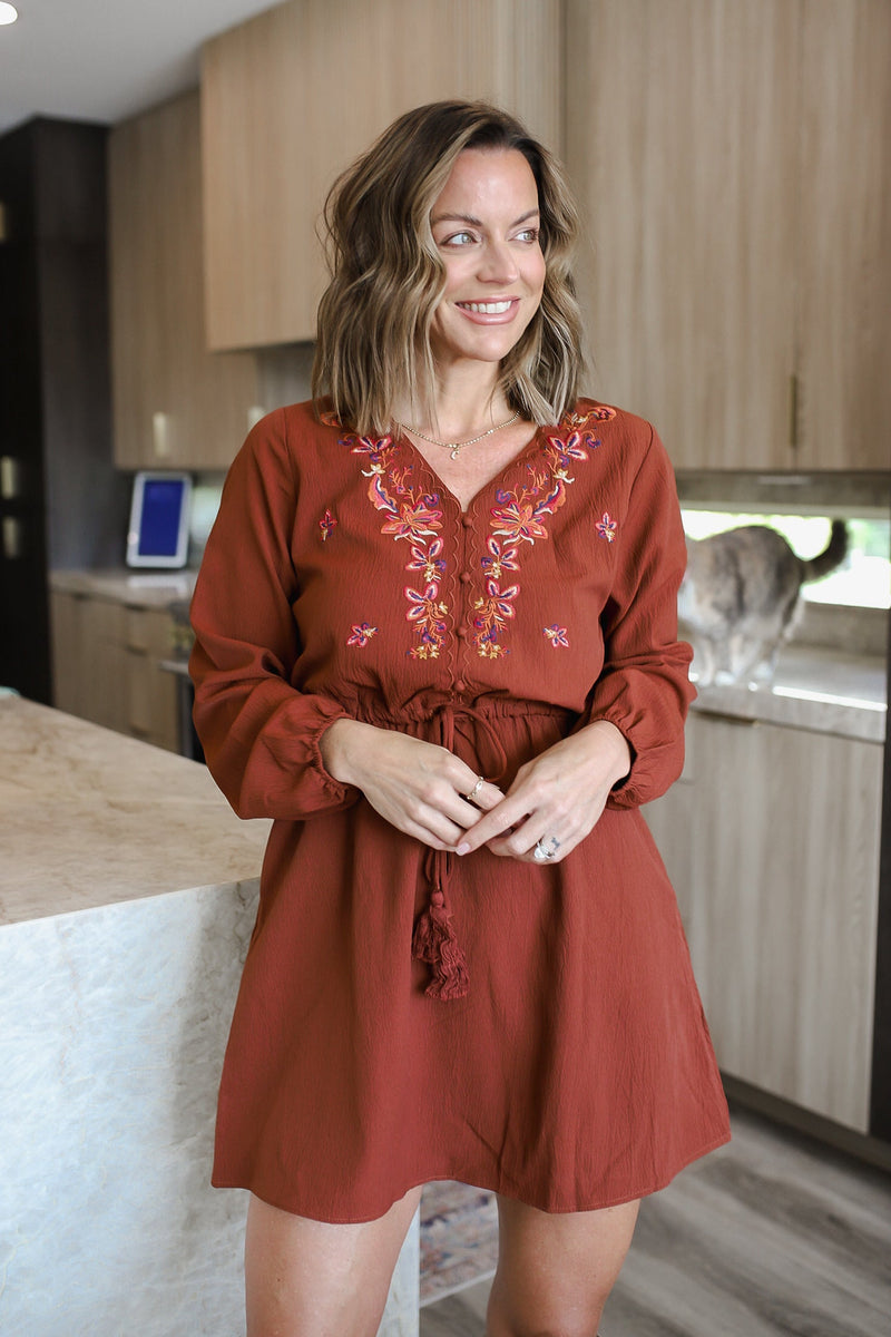 *Floral Embroidered Long Sleeve Mini Dress WH