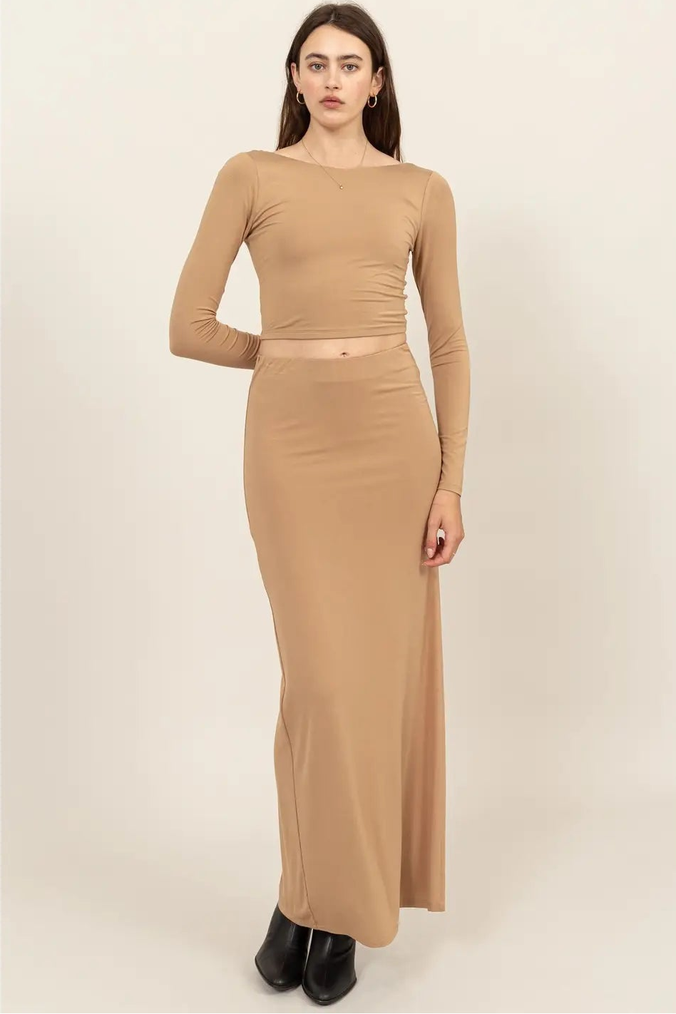 Drew Long Sleeve Crop Top and Skirt Set - Taupe  Abela Story