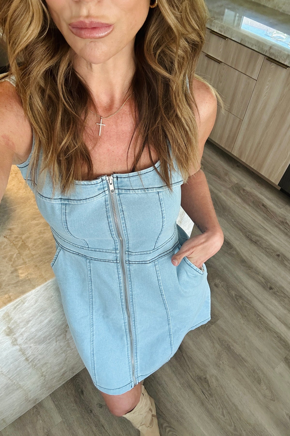 wide strap denim mini dress Sky to Moon Denim Pocket Mini Dress
