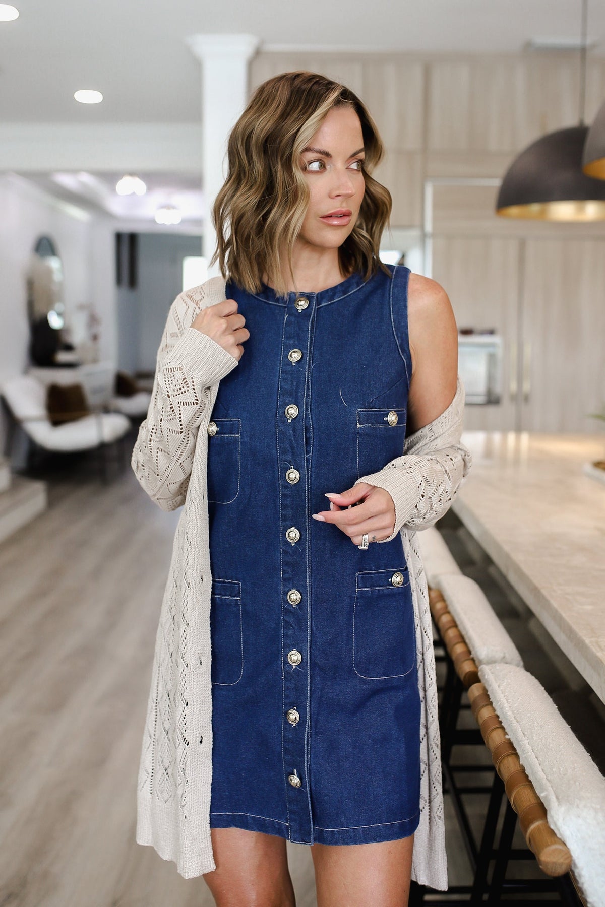 Skipping Town Gold Button Down Denim Dress