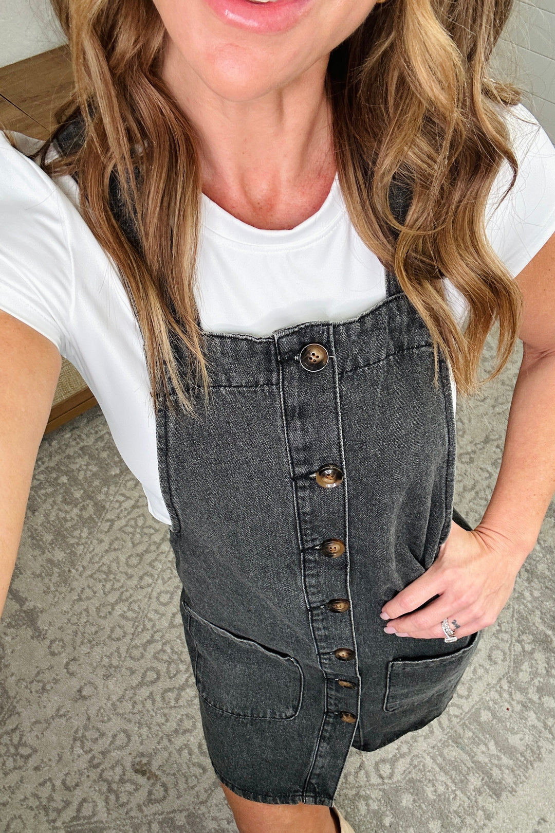 Wide Strap Button Down Denim Overall Dress WH  Abela Story